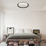 Aether minimalist round LED ceiling light installed in a bedroom, featuring a smoky grey double-layer shade that reduces glare and provides comfortable lighting