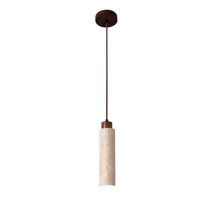 Stone pendant light in beige yellow travertine texture with walnut wood detail