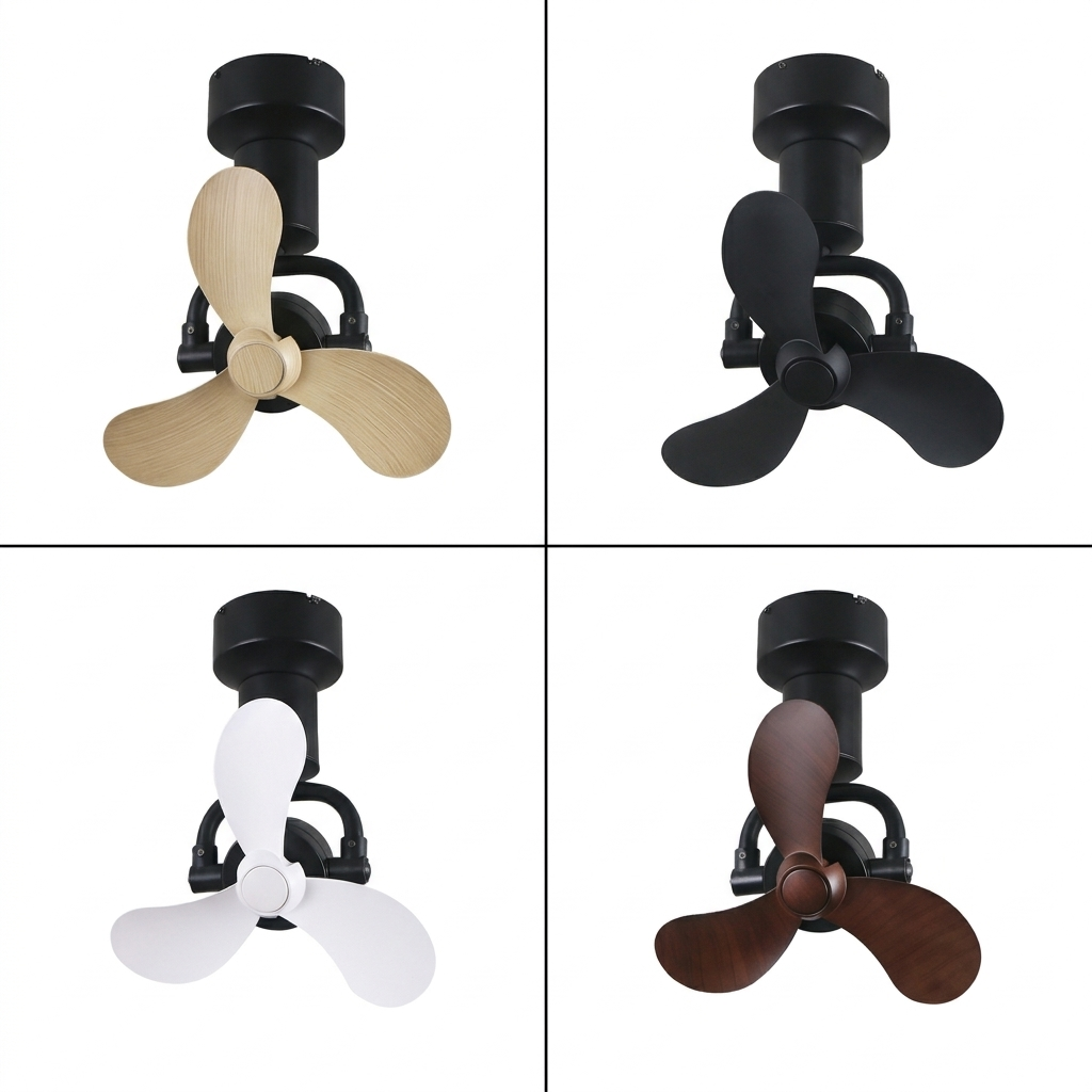 Youkain YJ-713 Small Corner Fan Colour Variations Small corner fan Youkain YJ-713 shown in black, white, pine wood, and cherrywood blade finishes