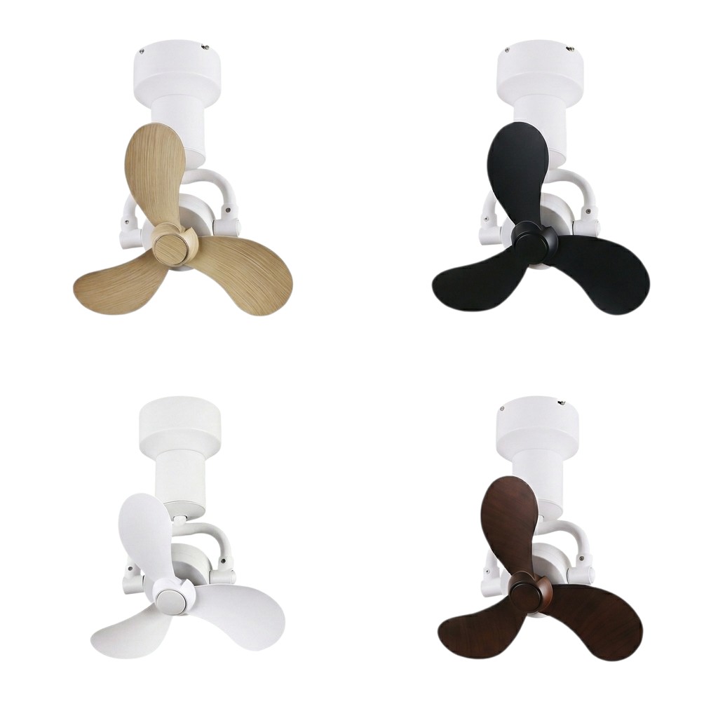 Ceiling Mount Corner Fan Colour Variations Ceiling mount corner fan shown in white body with pine blade, black blade, white blade, and cherrywood blade options
