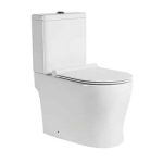 Aalto AL8050 modern white two-piece double vortex toilet bowl with soft close seat.
