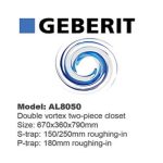 Geberit double vortex flushing specifications sheet for Aalto AL8050 toilet bowl.