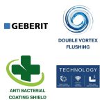 Feature graphics for Aalto AL8090 showing Double Vortex flushing, anti-bacterial coating, and Geberit technology.