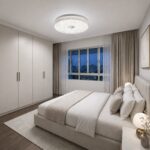 Crystaline minimalist round crystal ceiling lamp installed in a modern HDB master bedroom