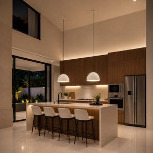 white high ceiling pendant light over Singapore landed kitchen island