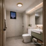 Arvid round wood ceiling light installed in a modern Scandinavian BTO bathroom with neutral tiles.