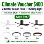 Claim climate voucher $400 for two Bestar Falcon fans and one LED ceiling light