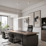 White rectangle ceiling light used as pendant light above office desk