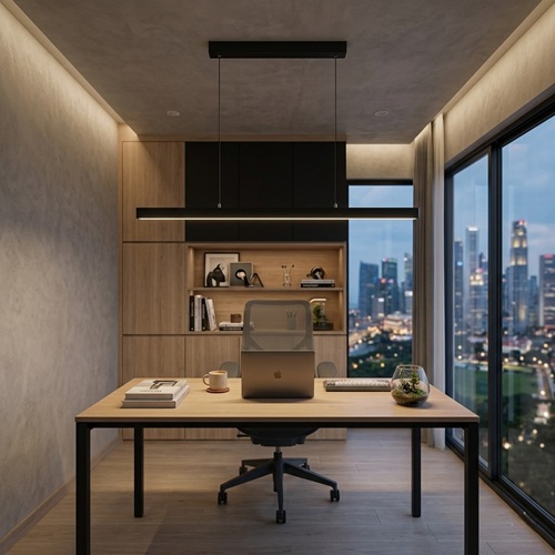 Modern black linear pendant light in home office and above work desk