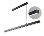 Modern black linear pendant light with walnut end cap