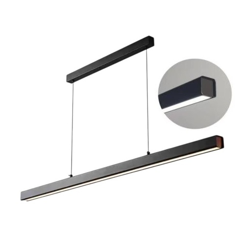 Modern black linear pendant light with walnut end cap