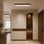 Modern walnut ceiling light in Singapore home entrance foyer