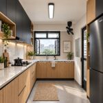 Point One Storm Type II black corner fan installed in a modern HDB kitchen