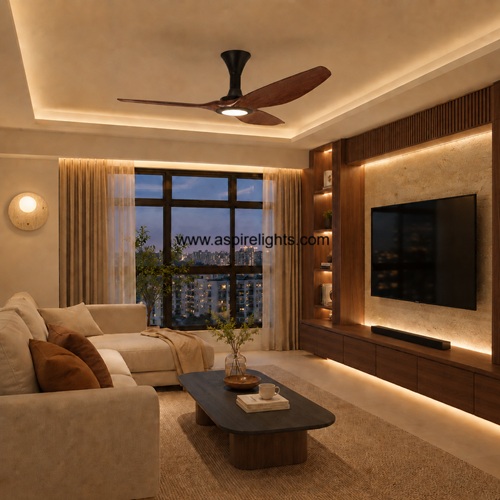 Point One Typhoon sleek low profile ceiling fan, black with cherrywood blades and LED light on HDB flat living room ceiling