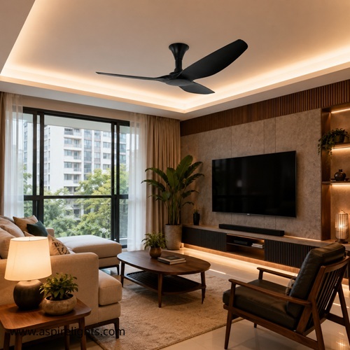 Point One typhoon fan black in modern Singapore condo living room