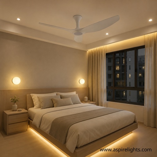 Point One Typhoon designer white ceiling fan installed in a modern Singapore HDB master bedroom with warm LED lighting.