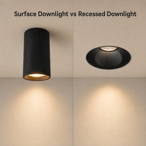 Recessed vs surface mounted downlight comparison with warm light effect