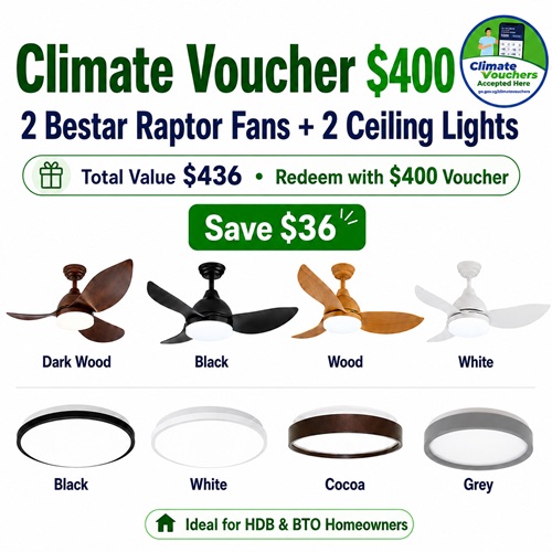 Redeem climate voucher ceiling fan bundle with two fans and two LED ceiling lights