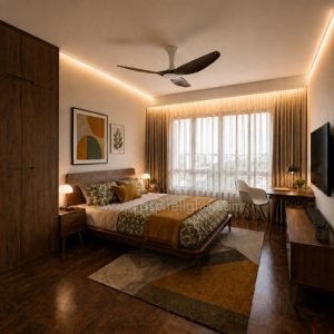 Modern mid-century Singapore HDB bedroom showcasing a coveless aluminium profile installed along the ceiling perimeter for soft ambient lighting.