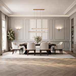 Luxury minimalist crystal chandelier above elegant dining table.