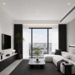 White trimless recessed downlight installed in a modern minimalist living room false ceiling