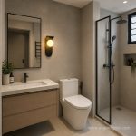 Black minimalist wall light beside a HDB bathroom mirror