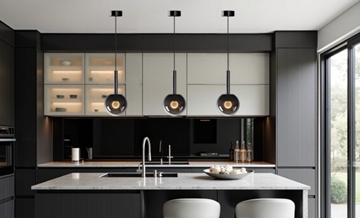 3 pieces designer modern globe glass LED pendant light above kitchen island