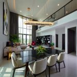 rectangular crystal pendant light above landed house dining table