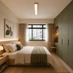 Scandinavian wood ceiling light in a Singapore HDB bedroom with olive green wardrobe