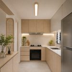 Scandinavian wood ceiling light in a Singapore apartment kitchen