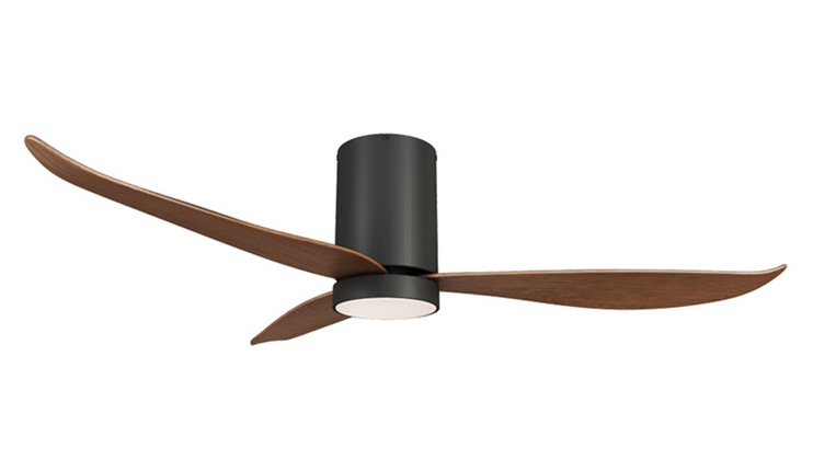 Black and dark wood ceiling fan with LED light, 3-blade hugger design