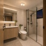 Pearl frosted glass wall light mounted flush on a modern bathroom ceiling.