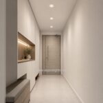 Designer fixed recessed downlight in Singapore installed along modern condo entryway hallway false ceiling