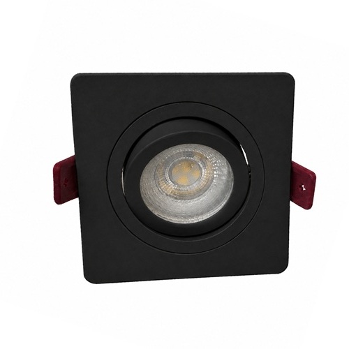 Black Square Tiltable Downlight – Angled View Matt black square downlight fitting with tilted inner rim