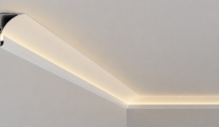 Surface mounted cove light profile creating warm indirect ceiling lighting without false ceiling