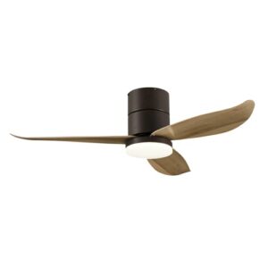 Bestar Falcon black hugger ceiling fan with three maple wood-finish blades and LED light