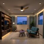 Bestar Falcon black hugger ceiling fan with maple wood-finish blades in a Singapore living room