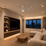 PO White Vortex Ceiling Fan with LED light in modern living room