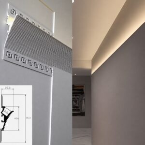 Trimless coveless light profile before and after installation with indirect ceiling lighting