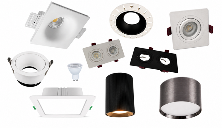 Collage showing types of downlights: adjustable, anti-glare, twin, and surface mount fixtures with a GU10 bulb