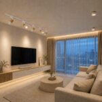 White with light wood track light on modern condo living room ceiling
