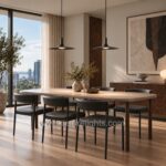 Two Aplomb black minimalist pendant lights above a modern dining table