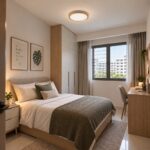 Oak wood round slim flush ceiling light installed in HDB bedroom