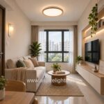 Round oak wood slim flush ceiling light in HDB living room