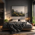 Lunaris Smoky grey glass ball pendant wall light beside a modern grey bedroom bed