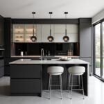 Three smoky grey glass ball pendant lights above a modern kitchen island