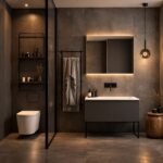 Lunaris smoky grey modern glass ball pendant light beside a bathroom mirror