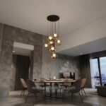 Multiple SOL amber glass ring pendant lights above a round dining table