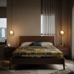 Amber glass ring pendant lights installed beside a walnut bed in a Mid-Century Modern bedroom