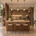 Three SOL smoky grey glass ring pendant lights above a kitchen island